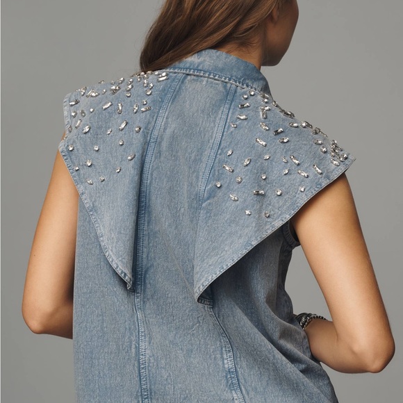 Anthropologie Blue Gray Embellished Sleeveless Button Down - Picture 2 of 3